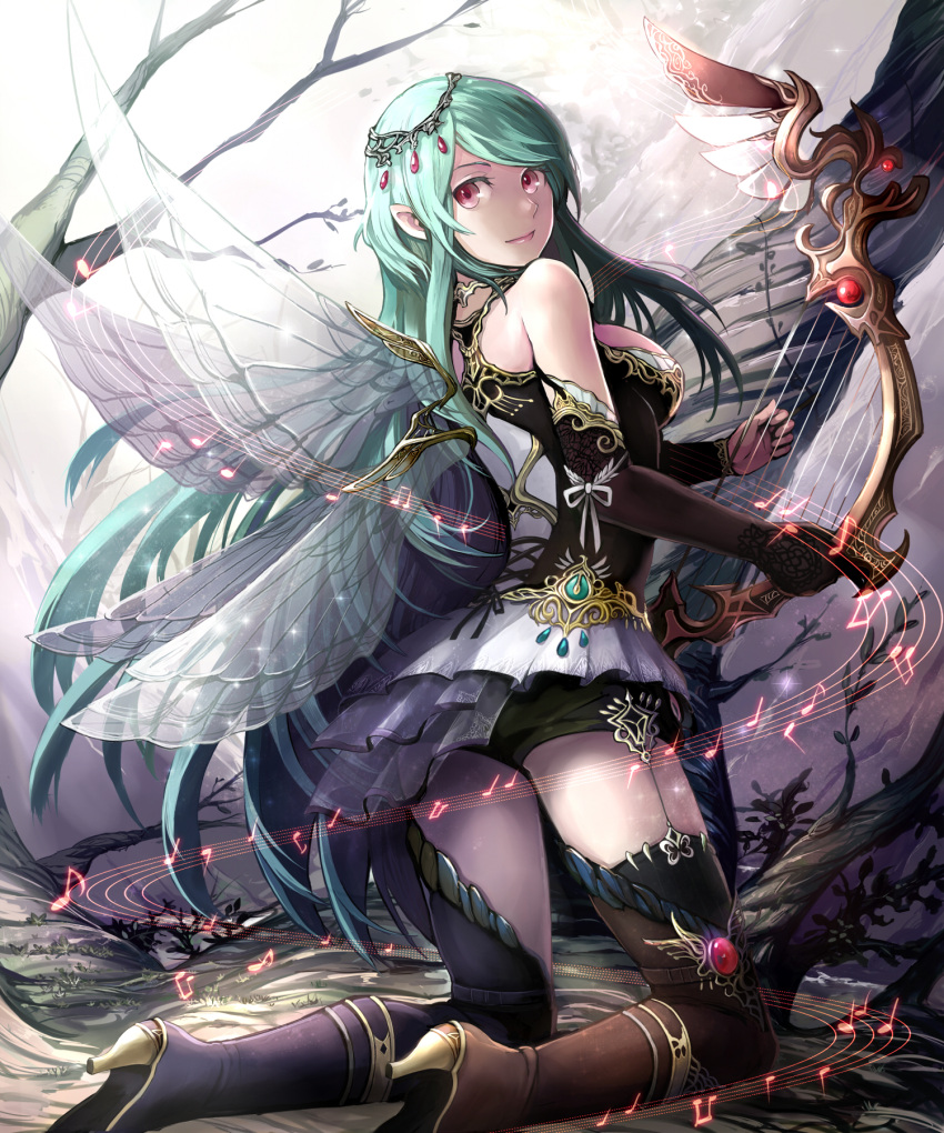 1girl bare_shoulders black_gloves breasts dress elbow_gloves gloves green_hair hair_ornament harp high_heels highres instrument kneeling long_hair looking_back musical_note original otama_(ladle) pointy_ears red_eyes shingoku_no_valhalla_gate smile solo thigh-highs tree wings