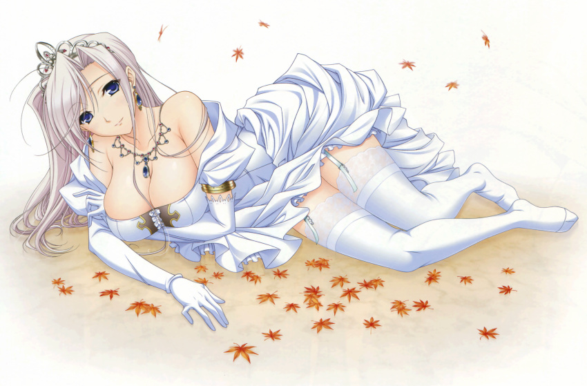 1girl absurdres blue_eyes breasts charlotte_hazellink cleavage dress elbow_gloves garter_straps gloves grey_hair highres komori_kei lace lace-trimmed_thighhighs large_breasts leaf lying maple_leaf on_side princess_lover thigh-highs tiara wedding_dress white_gloves white_legwear