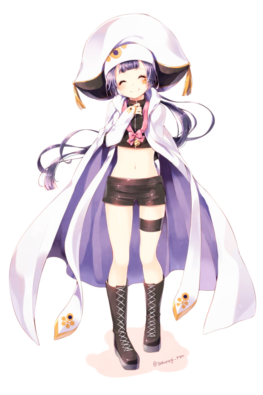 1girl ^_^ bell boots bow cape closed_eyes facial_mark hat highres long_hair looking_at_viewer navel original ponytail purple_hair ribbon sakuragi_ren shorts simple_background smile solo white_background