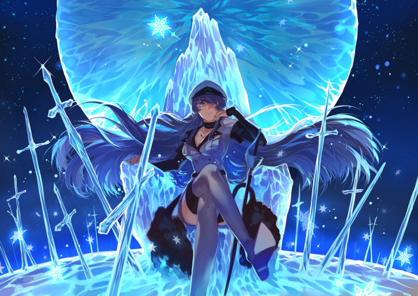 1girl akame_ga_kill! blue_eyes blue_hair boots breasts choker crossed_legs esdeath hair_over_one_eye hat ice joseph_lee long_hair looking_at_viewer military military_uniform night night_sky peaked_cap sitting sky solo star_(sky) starry_sky sword thigh-highs thigh_boots uniform very_long_hair weapon white_legwear