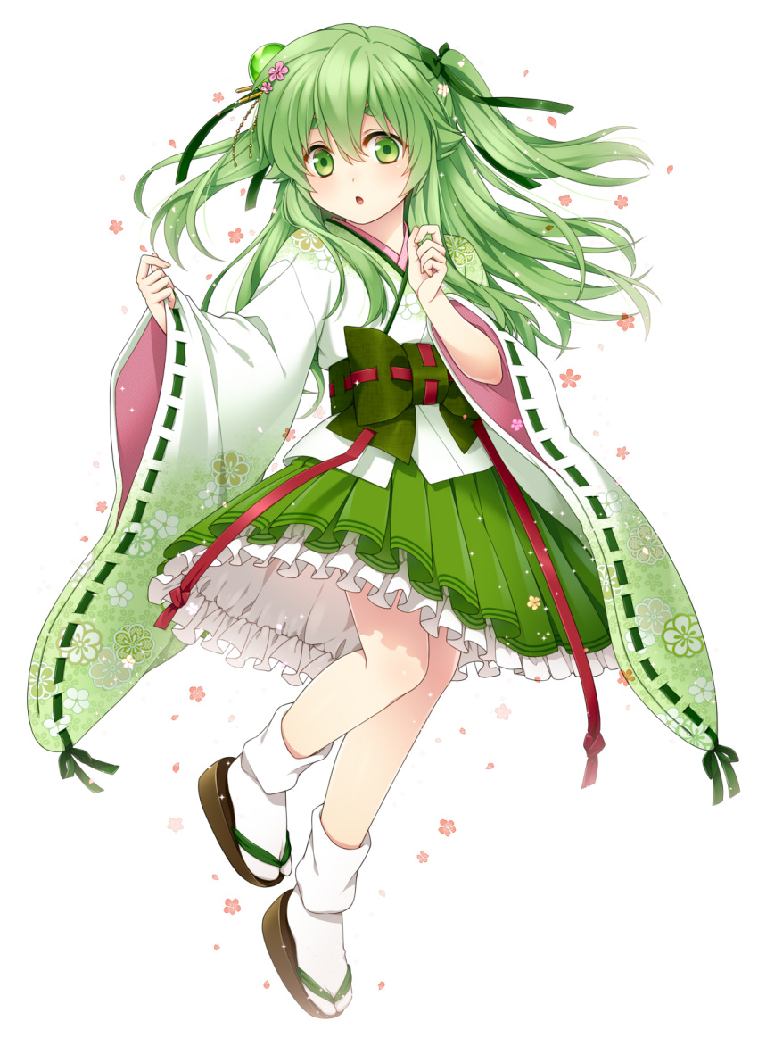 1girl floral_print flower green_eyes green_hair green_skirt hair_flower hair_ornament hair_ribbon highres japanese_clothes kuronohana long_hair looking_at_viewer open_mouth original pleated_skirt ribbon ribbon-trimmed_sleeves ribbon_trim sandals sash skirt solo tabi wide_sleeves