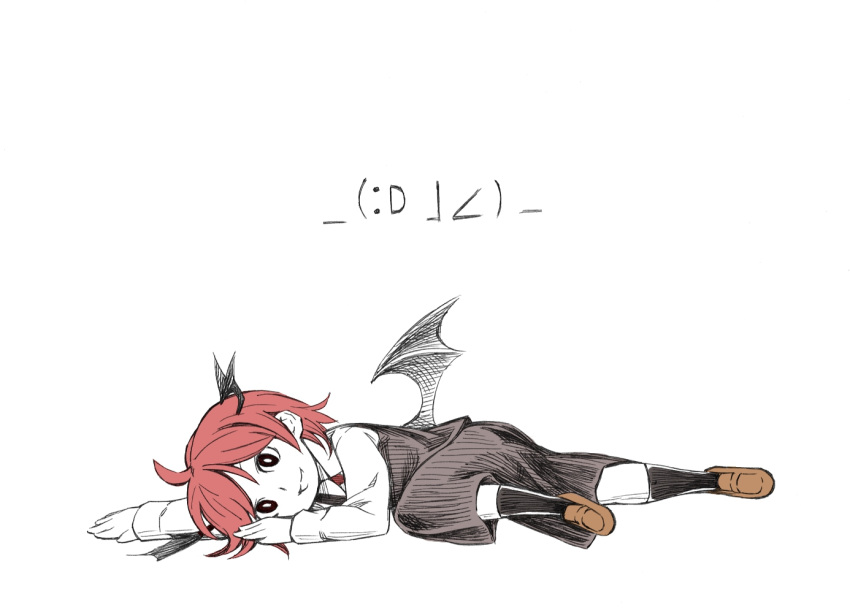 1girl :d ahoge alternate_hair_length alternate_hairstyle arm_up bat_wings colored emoticon head_wings kneehighs koakuma leg_up loafers low_wings lying necktie on_side open_mouth red_eyes redhead shoes short_hair skirt skirt_set smile solo takeuma touhou vest wings