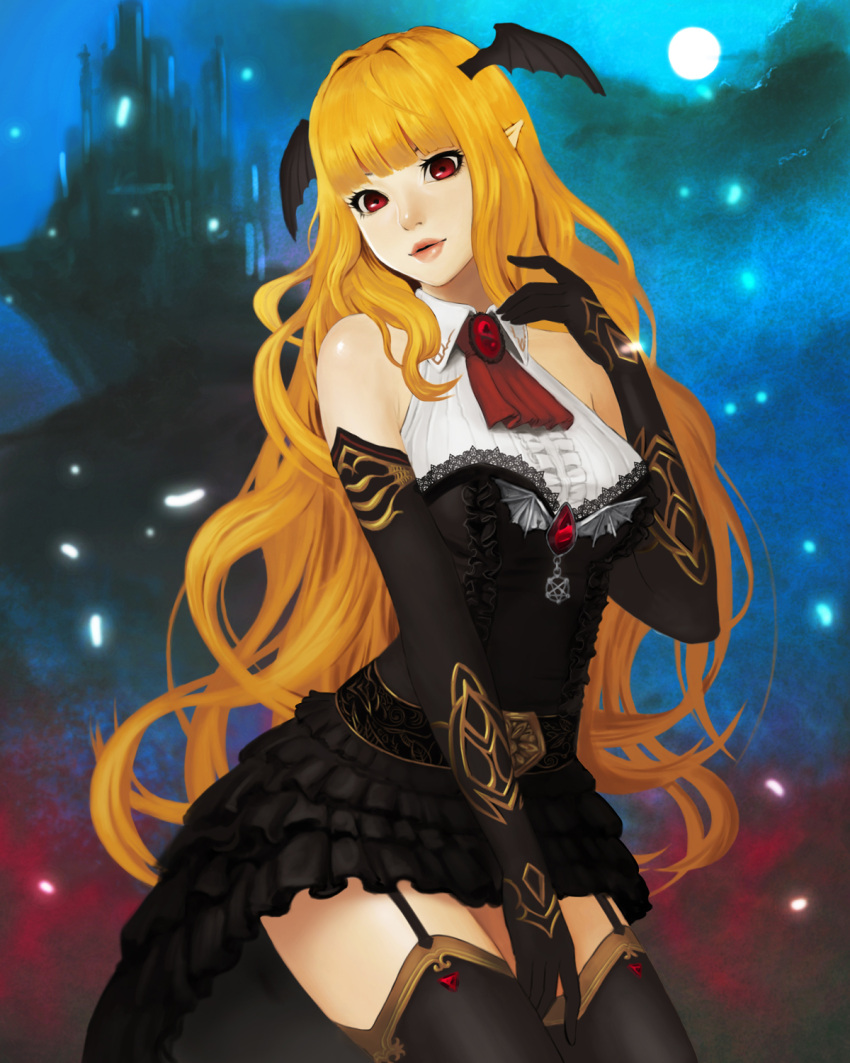 1girl bangs bare_shoulders blonde_hair blunt_bangs elbow_gloves gem gloves gothic_lolita head_wings highres lolita_fashion long_hair meto31 moon original parted_lips pointy_ears red_eyes solo thigh-highs wavy_hair