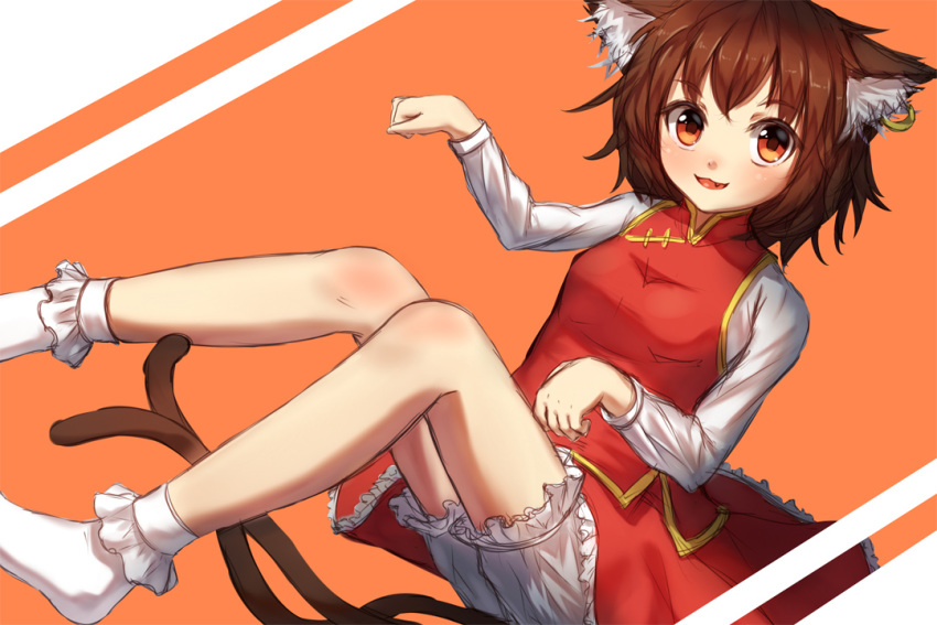 1girl animal_ears bloomers bobby_socks brown_eyes brown_hair cat_ears cat_tail chen earrings fang full_body jewelry long_sleeves looking_at_viewer multiple_tails no_hat no_headwear no_shoes open_mouth paw_pose shirt shone short_hair simple_background skirt skirt_set smile socks solo tail touhou turtleneck underwear vest white_legwear