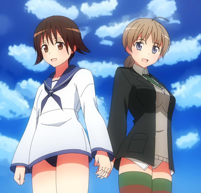 2girls ahoge anime_coloring ascot blazer blonde_hair blue_eyes blue_sky braid breasts brown_eyes brown_hair cardigan_vest clouds cloudy_sky collared_shirt dress_shirt hair_between_eyes hands_clasped hands_together highres large_breasts lynette_bishop mikomiko_(mikomikosu) military military_uniform miyafuji_yoshika multiple_girls necktie panties sailor_collar school_swimsuit shirt short_hair sky smile strike_witches striped striped_legwear sweater swimsuit swimsuit_under_clothes thigh-highs underwear uniform v-neck white_panties white_shirt