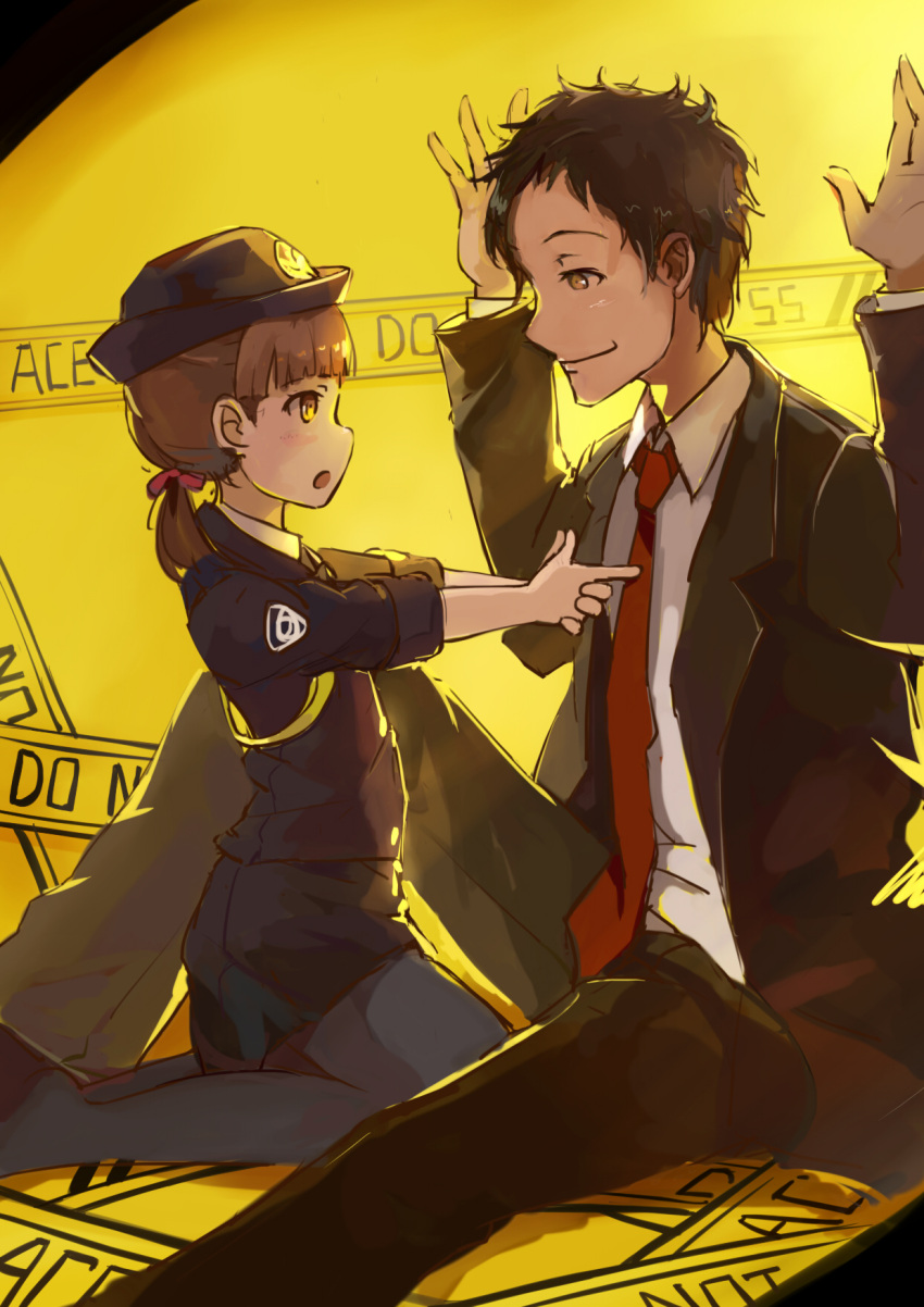 1boy 1girl adachi_tooru arms_up bangs between_legs black_legwear blunt_bangs blush brown_eyes brown_hair commentary doujima_nanako finger_gun formal hair_ribbon hat highres kneeling looking_at_another messy_hair necktie open_mouth pantyhose persona persona_4 police police_hat police_uniform policewoman ribbon short_hair short_twintails sitting skirt sleeves_rolled_up smile spark_(sandro) suit twintails uniform yellow_background