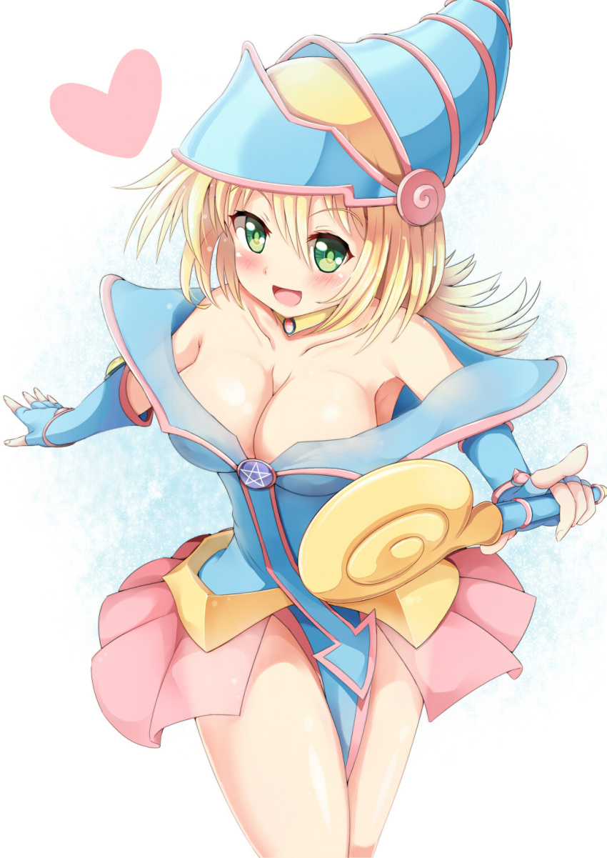 1girl :d blonde_hair breasts cleavage dark_magician_girl green_eyes hat heart highres holding igakusei long_hair looking_at_viewer open_mouth smile solo wand yuu-gi-ou