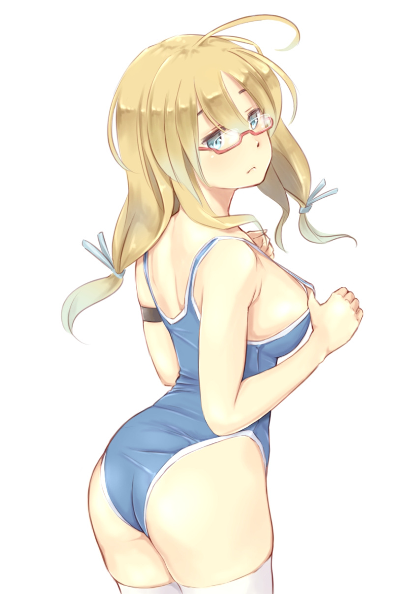 1girl ahoge blonde_hair blush breasts glasses highres i-8_(kantai_collection) kantai_collection large_breasts long_hair looking_at_viewer one-piece_swimsuit red-framed_glasses school_swimsuit sideboob simple_background solo swimsuit thigh-highs twintails wa_(genryusui) white_background white_legwear