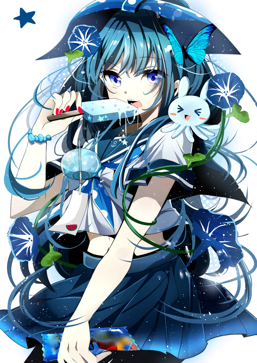 1girl blue_eyes blue_hair borrowed_character butterfly flower fumiko_(miruyuana) hat highres holding long_hair looking_at_viewer open_mouth original pleated_skirt popsicle rabbit revision school_uniform serafuku skirt solo_focus