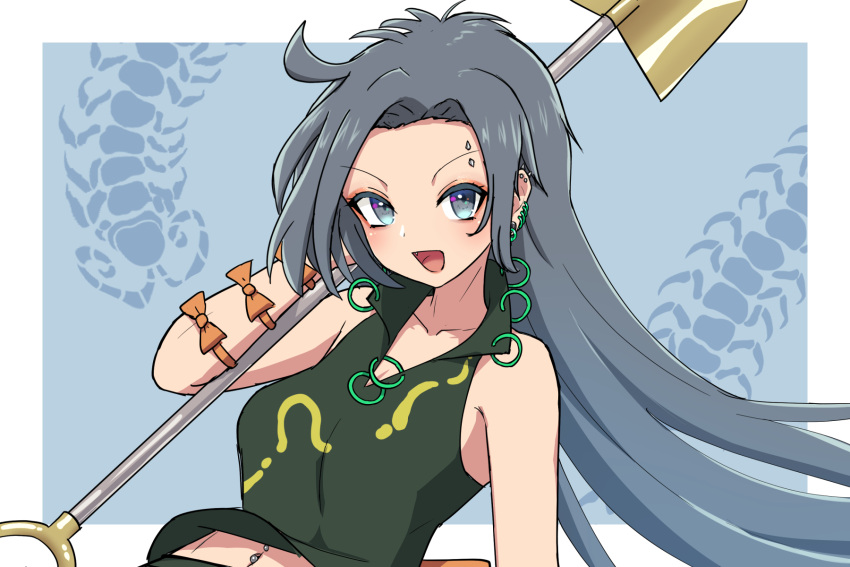 1girl :d bare_shoulders blue_background blue_eyes bow breasts bug centipede collarbone commentary_request ear_piercing earrings eyebrow_piercing gold green_shirt grey_hair hand_up highres himemushi_momoyo holding holding_shovel jewelry large_breasts long_hair looking_at_viewer navel_piercing open_mouth orange_bow piercing ring shirt shovel simple_background smile solo touhou very_long_hair zakku_(kya--193)