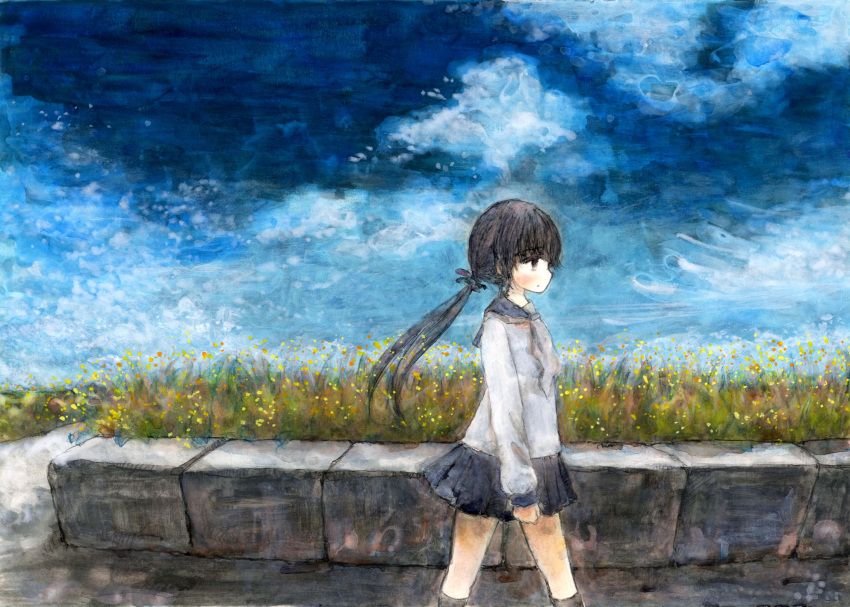 1girl acrylic_paint_(medium) black_eyes black_hair clouds cloudy_sky colored_pencil_(medium) commentary field flower grass highres long_hair natsume_no_kijiro original ponytail profile road school_uniform serafuku sky solo traditional_media walking watercolor_(medium) wind