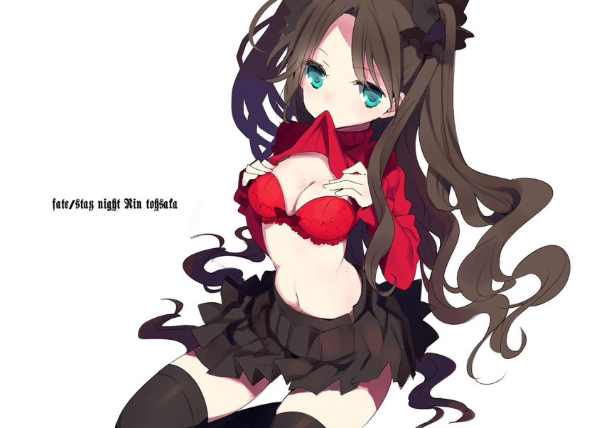 1girl black_hair black_legwear black_skirt bra breasts character_name cleavage copyright_name fate/stay_night fate_(series) green_eyes kneeling long_hair miniskirt mouth_hold pleated_skirt red_bra rugo shirt shirt_lift skirt solo thigh-highs toosaka_rin two_side_up underwear undressing white_background