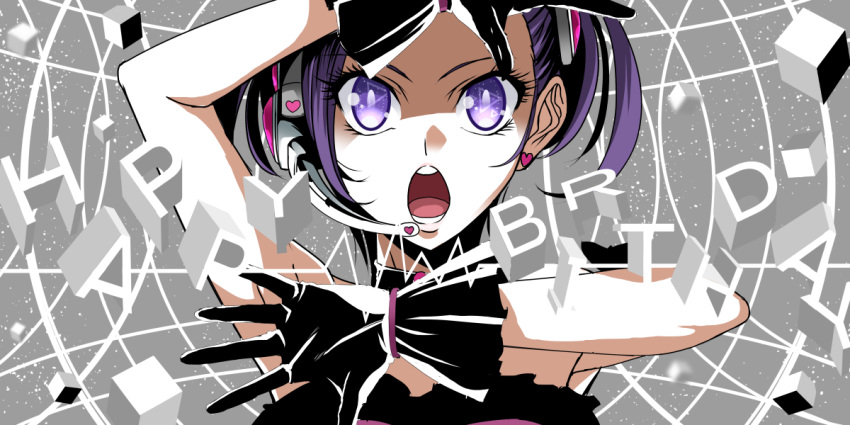 1girl bare_shoulders birthday black_gloves choker dokidoki!_precure earrings english eyelashes gloves happy_birthday jewelry kenzaki_makoto mahkn microphone open_mouth precure purple_hair short_hair singing solo violet_eyes