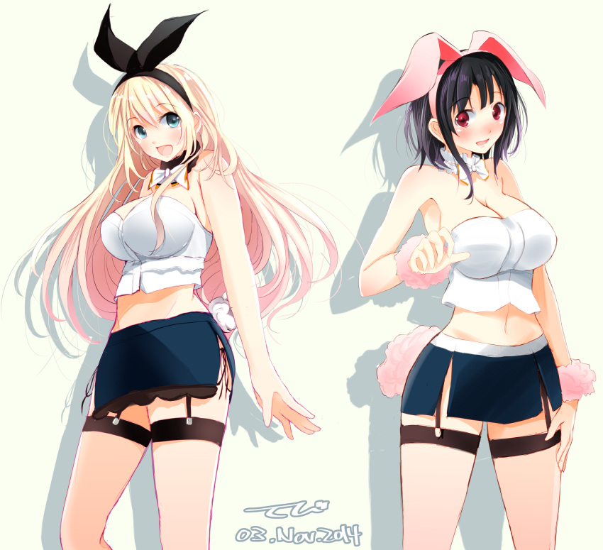 2girls adapted_costume animal_ears arms_at_sides atago_(kantai_collection) black_hair blonde_hair blue_eyes blue_skirt breasts bunny_tail choker cleavage garter_straps hairband highres kantai_collection kemonomimi_mode large_breasts long_hair looking_at_viewer midriff miniskirt multiple_girls off_shoulder rabbit_ears red_eyes ribbon_choker short_hair side_slit skirt tail takao_(kantai_collection) tbd11 thigh-highs zettai_ryouiki