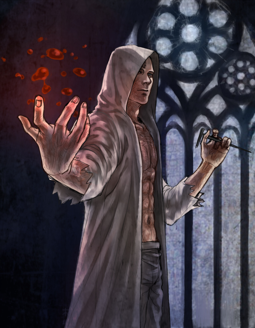 1boy blood cang_fade highres hood ice_pick jacket open_clothes open_jacket ruvik scar solo the_evil_within