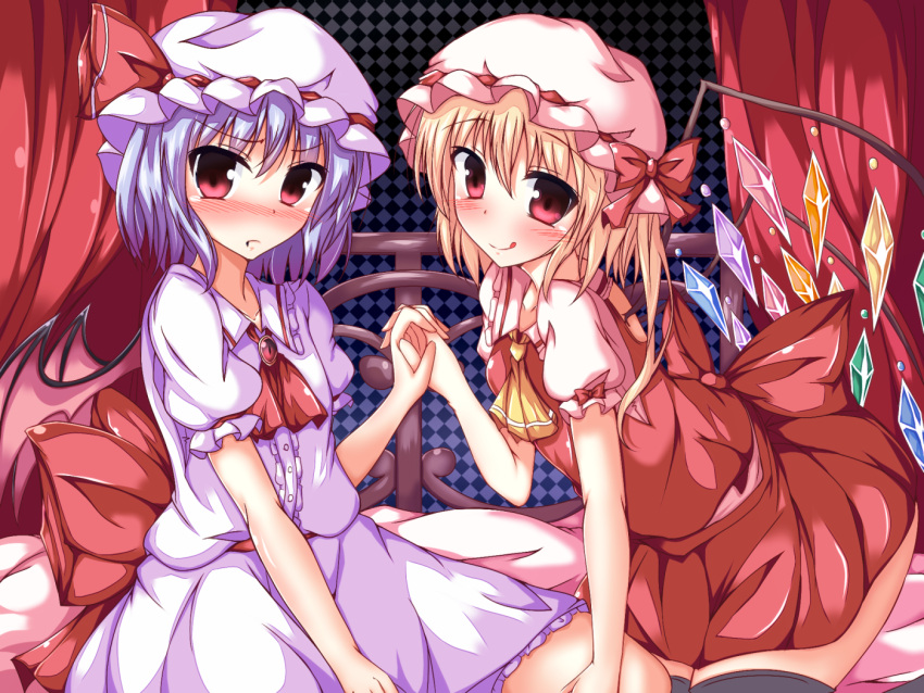 2girls ascot bat_wings bed black_legwear blonde_hair blue_hair blush bow brooch canopy_bed come_hither commentary_request dress flandre_scarlet hat hat_bow hat_ribbon holding_hands interlocked_fingers jewelry licking_lips mob_cap multiple_girls naba_(take_tonbo) pink_eyes puffy_short_sleeves puffy_sleeves red_dress remilia_scarlet ribbon sash short_sleeves siblings side_ponytail sisters smile thigh-highs touhou white_dress wings
