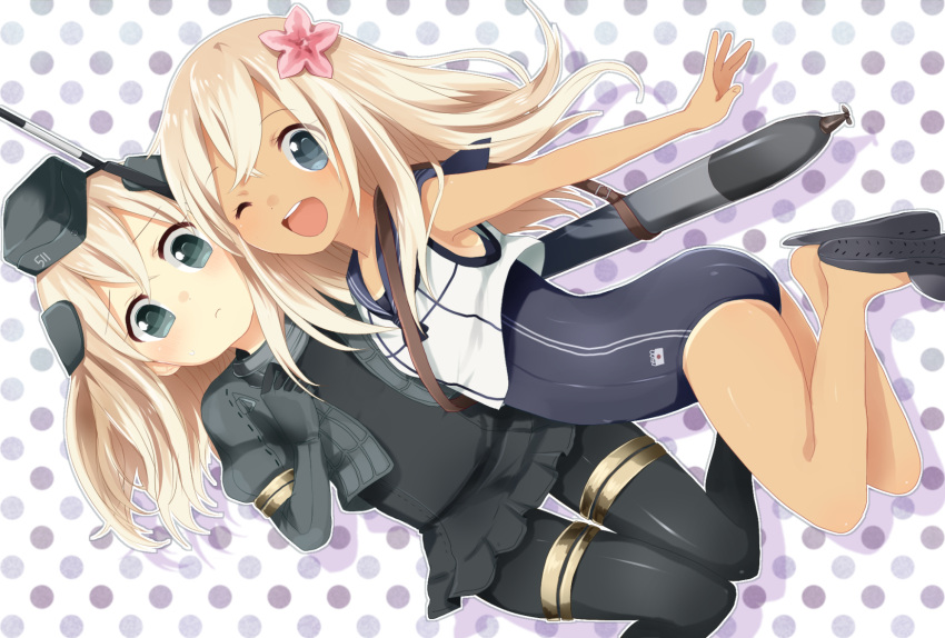 2girls :d bare_legs bare_shoulders black_legwear blonde_hair blue_dress blue_eyes crop_top dress dual_persona flower garrison_cap gloves hair_flower hair_ornament hat headgear highres kantai_collection long_hair looking_at_viewer military_hat multiple_girls neckerchief one_eye_closed open_mouth polka_dot polka_dot_background puffy_sleeves rinchu ro-500_(kantai_collection) sailor_collar school_swimsuit slippers smile swimsuit swimsuit_under_clothes tan tanline torpedo u-511_(kantai_collection)