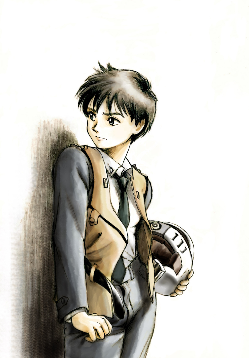 1girl absurdres belt black_eyes black_hair graphite_(medium) highres izumi_noa kidou_keisatsu_patlabor looking_back mixed_media necktie open_clothes open_vest photoshop shadow short_hair simple_background sketch solo traditional_media uirina uniform uniform_vest vest wall white_background