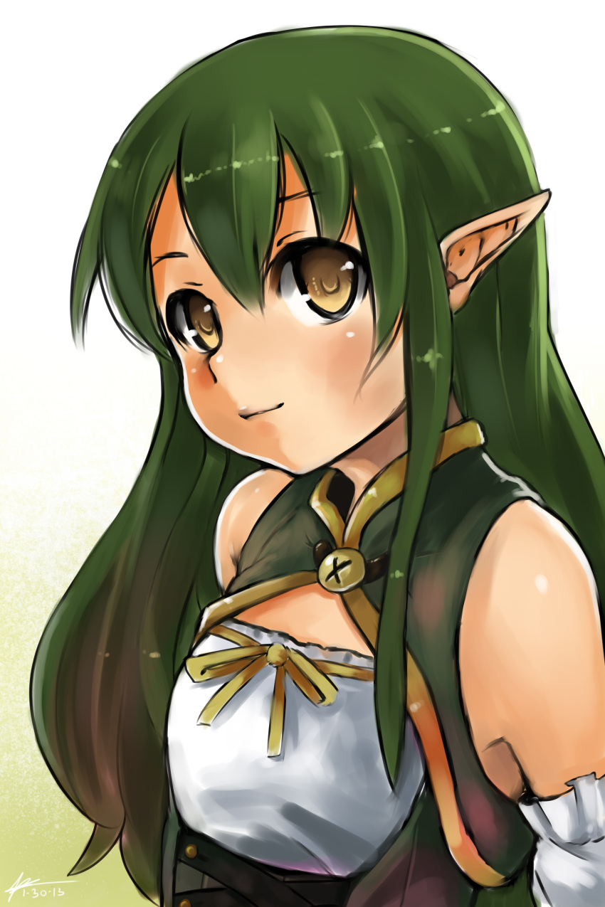 1girl absurdres bare_shoulders borrowed_character bust detached_sleeves gradient gradient_background green_hair highres long_hair looking_at_viewer original payot pointy_ears robert_knight rynn_(acerailgun) signature small_breasts white_background yellow_background yellow_eyes