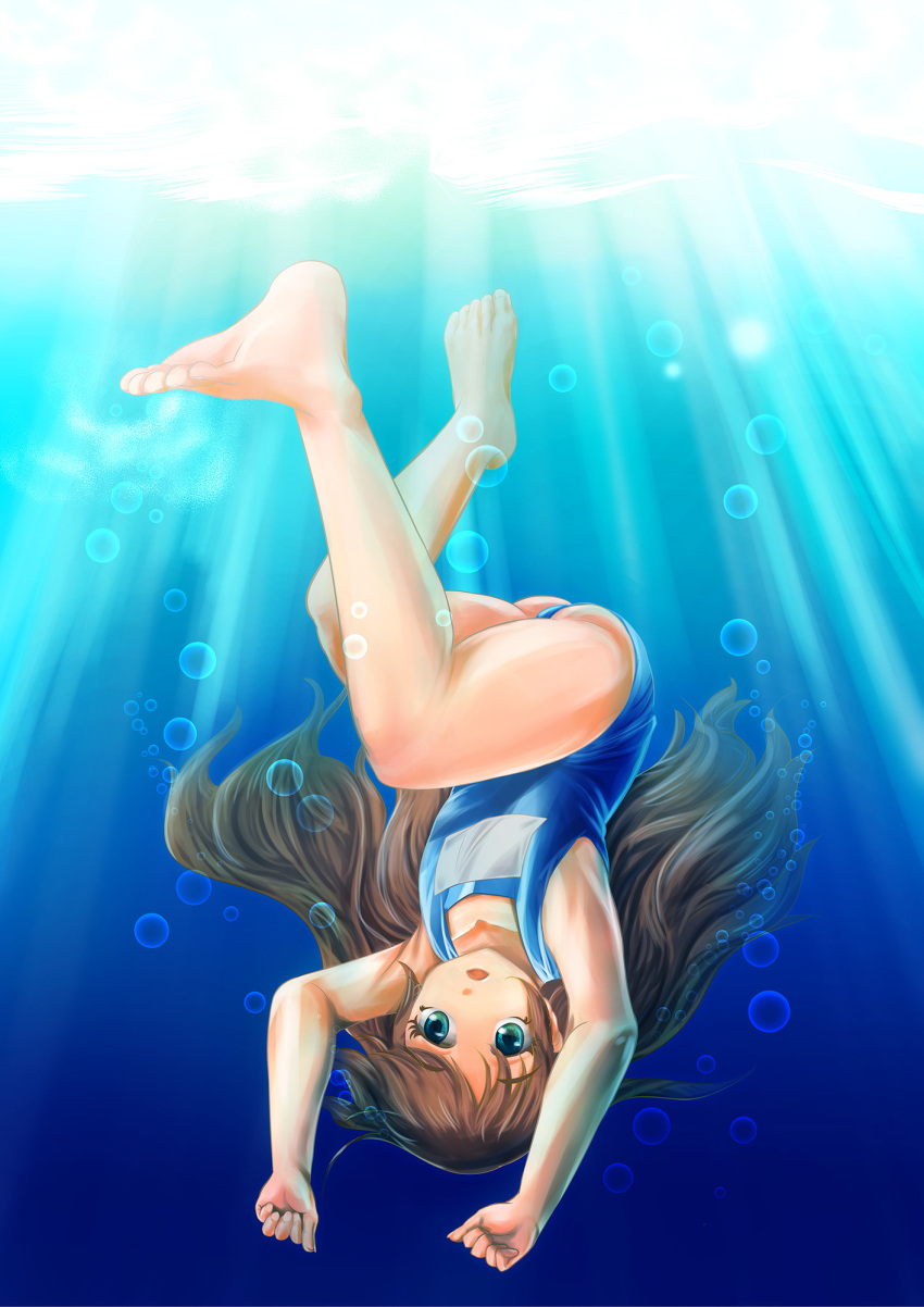 1girl brown_eyes brown_hair highres ikanan long_hair original school_swimsuit swimsuit underwater upside-down