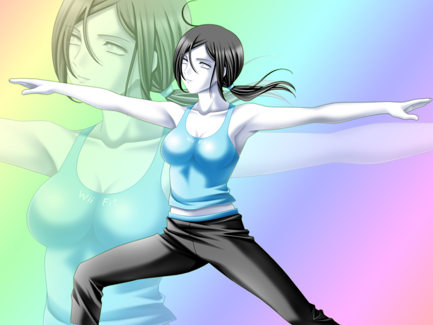 1girl ahoge armpits black_hair breasts capri_pants gradient gradient_background highres large_breasts midriff multicolored_background outstretched_arms pants ponytail smile solo stretch super_smash_bros. tamamon tank_top white_eyes white_skin wii_fit wii_fit_trainer