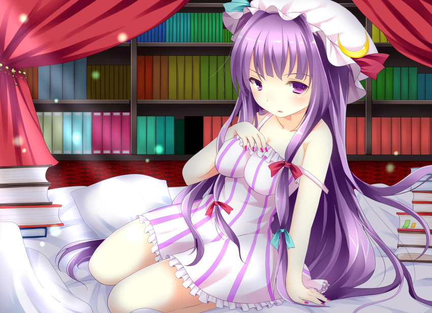 1girl adapted_costume ajiriko alternate_costume bed book bow hair_bow hair_ribbon long_hair looking_at_viewer mob_cap pajamas parted_lips patchouli_knowledge purple_hair ribbon sitting solo touhou violet_eyes
