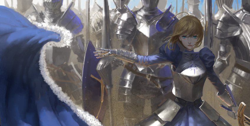 1girl armor armored_dress armoy blonde_hair excalibur fate/stay_night fate_(series) faulds gauntlets hair_ribbon helemt juliet_sleeves long_sleeves polearm puffy_sleeves ribbon saber shield soldiers spear sword virus76 weapon