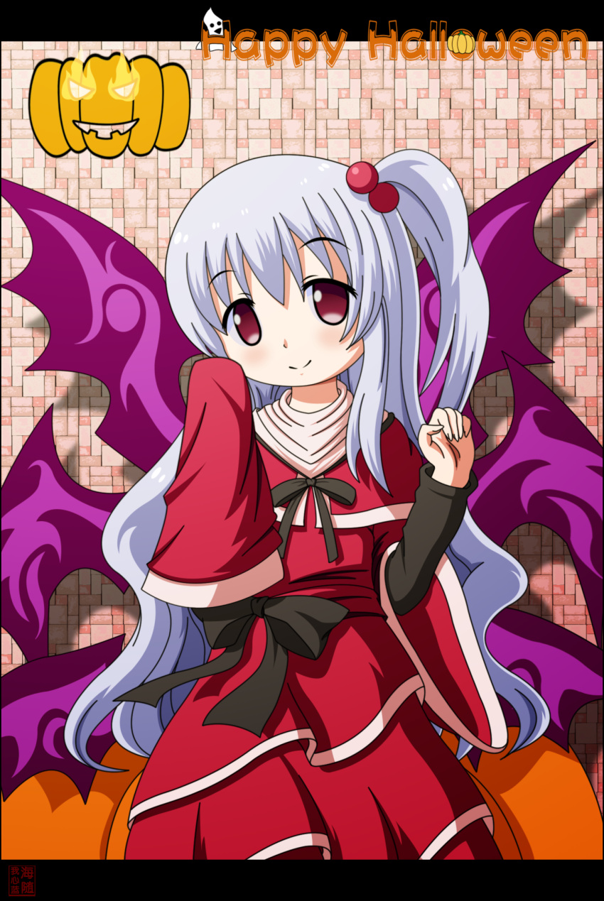 1girl dress ghost hair_bobbles hair_ornament happy_halloween highres jack-o'-lantern letterboxed long_hair red_eyes shinki side_ponytail silver_hair smile solo touhou touhou_(pc-98) wings woofey