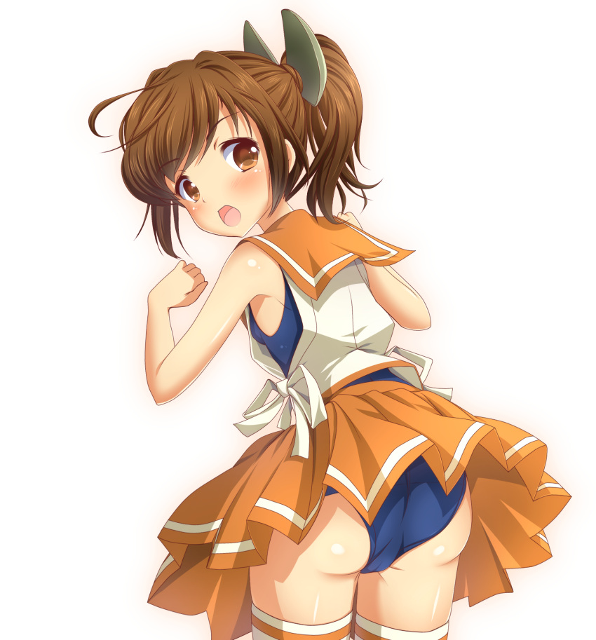 1girl ass blush brown_eyes brown_hair cowboy_shot from_behind highres i-401_(kantai_collection) kantai_collection kk-sk-ray looking_at_viewer open_mouth ponytail sailor_collar school_swimsuit short_hair skirt solo swimsuit swimsuit_under_clothes thigh-highs white_background