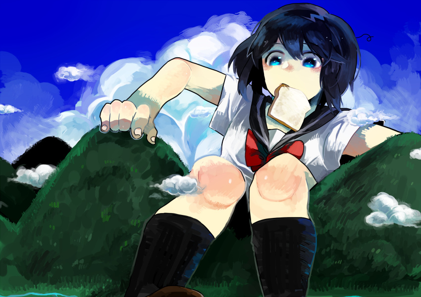 1girl artist_request black_hair blue_eyes bread bread_in_mouth clouds food giantess highres mountain original scenery school_uniform serafuku short_hair sitting sky