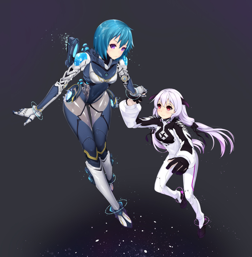 2girls alpha_(acerailgun) blue_hair borrowed_character cecilia_(acerailgun) highres holding_hands horns hoshi_usagi lavender_hair long_hair multiple_girls original red_eyes robot_girl small_breasts space spacesuit twintails violet_eyes zero_gravity