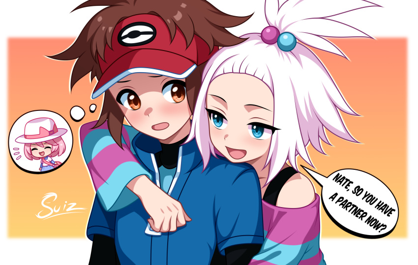 2girls :d :o arm_around_neck bag blue_eyes brown_eyes brown_hair english_text hat highres long_sleeves mole mole_under_eye multiple_girls nate_(pokemon) open_mouth pink_bag pink_hair pokemon pokemon_bw2 roxie_(pokemon) short_hair shoulder_bag smile speech_bubble sphere_hair_ornament su1zide thought_bubble upper_body visor_cap white_hair white_hat yancy_(pokemon)