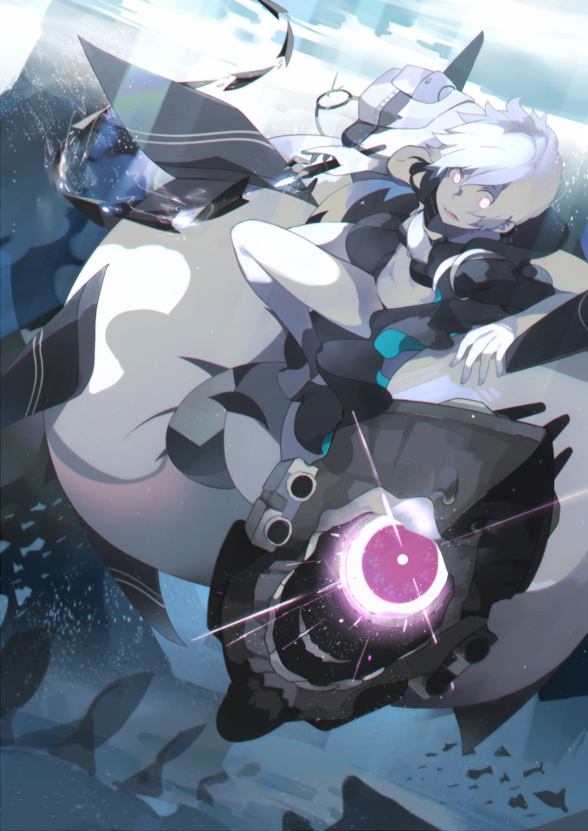 1girl aiming_at_viewer backpack bag bikini black_bikini black_coat charging glowing glowing_eyes highres hood_down hoodie kantai_collection monster_girl o-ring_top pale_skin re-class_battleship shinkaisei-kan shisu_(binzo3) short_hair solo swimsuit tail violet_eyes weapon whip_sword white_hair