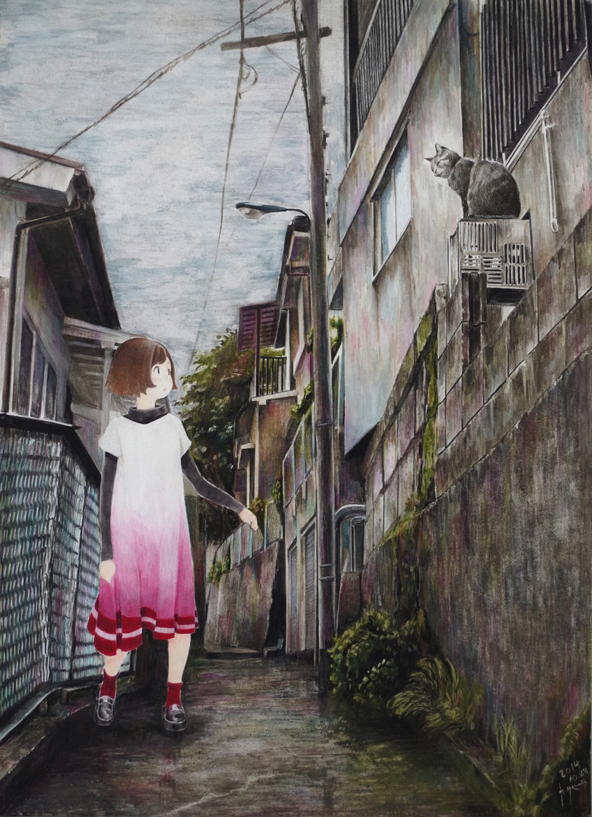 1girl :o alley black_cat brown_hair bush cat city clouds cloudy_sky colored_pencil_(medium) dress gradient_clothes graphite_(medium) grass highres house lights loafers nekojarashi_(yuuga) original path power_lines road shoes short_hair sky solo telephone_pole traditional_media walking wall window