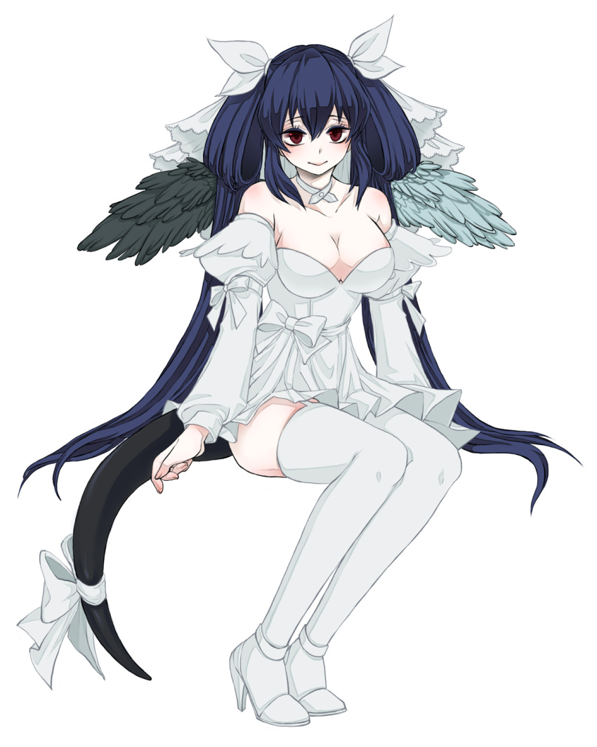 1girl asymmetrical_wings blue_hair bow breasts choker dishing dizzy guilty_gear hair_bow highres long_hair red_eyes ribbon solo tail tail_ribbon thigh-highs twintails white_legwear wings