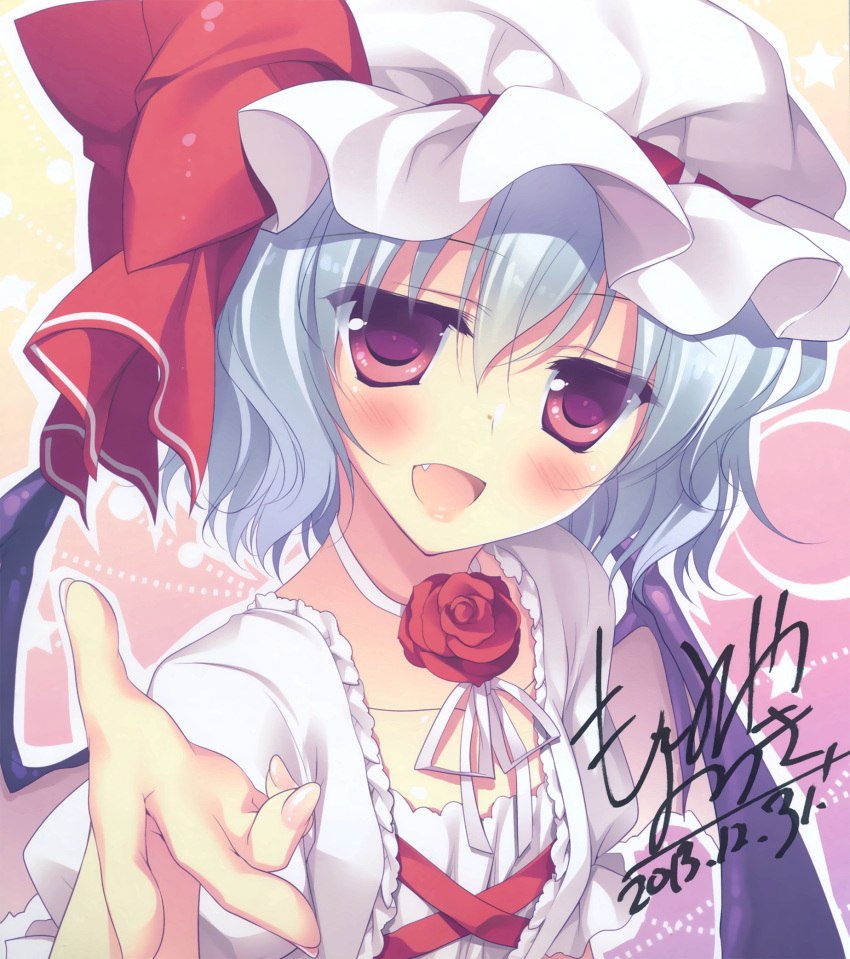 1girl :d autographed bat_wings blue_hair blush bow bust dress fang flower hat hat_bow highres looking_at_viewer mob_cap motomiya_mitsuki open_mouth outstretched_arm outstretched_hand pink_eyes red_rose remilia_scarlet ribbon-trimmed_headwear ribbon_trim rose smile solo touhou white_dress wings