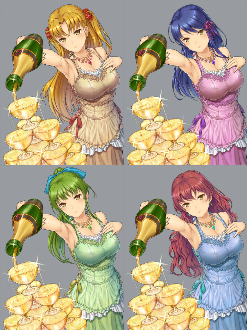 4girls blue_dress blue_hair breasts brown_dress brown_eyes brown_hair cleavage dress earrings flower gem goblet green_dress green_hair hair_flower hair_ornament hair_ribbon hand_on_own_chest highres hisho_collection jewelry komase_(jkp423) multiple_girls necklace overflowing pink_dress ponytail pouring ribbon simple_background sparkle two_side_up wavy_hair wine_bottle