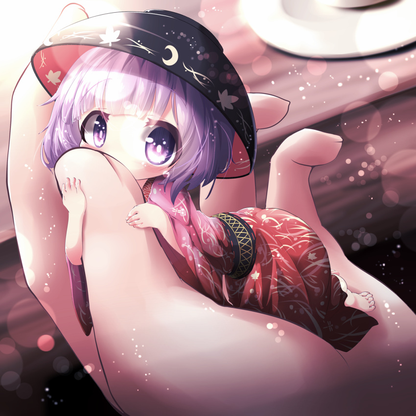 1girl akisha barefoot bowl finger_to_another's_mouth hat highres japanese_clothes kimono long_sleeves looking_at_viewer minigirl obi pov_hands purple_hair sash sukuna_shinmyoumaru touhou violet_eyes wide_sleeves