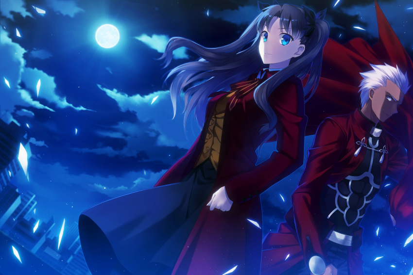 1boy 1girl absurdres archer armor artist_request city dark_skin fate/stay_night fate_(series) full_moon green_eyes hair_ribbon highres long_hair looking_at_viewer moon night night_sky petals ribbon skirt sky smile tohsaka_rin toosaka_rin twintails white_hair wind