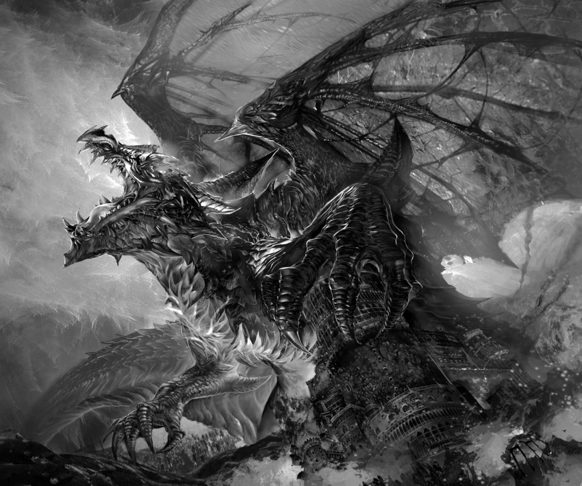 castle claws dragon dragon_wings fantasy fire greyscale highres monochrome nguy_thuy_ngan no_humans open_mouth scales sharp_teeth solo wings