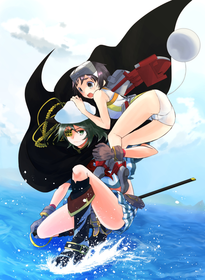 2girls ass black_eyes black_hair blue_sky brown_gloves cape carrying_over_shoulder clouds cloudy_sky crotch diving_mask eyepatch full_body gloves green_eyes hand_on_another's_head highres kantai_collection kiso_(kantai_collection) looking_at_another looking_at_viewer maru-yu_(kantai_collection) midriff multiple_girls ocean open_mouth pleated_skirt school_swimsuit school_uniform serafuku short_hair skirt sky swimsuit thighs white_school_swimsuit white_swimsuit yike_(yr_marimo)