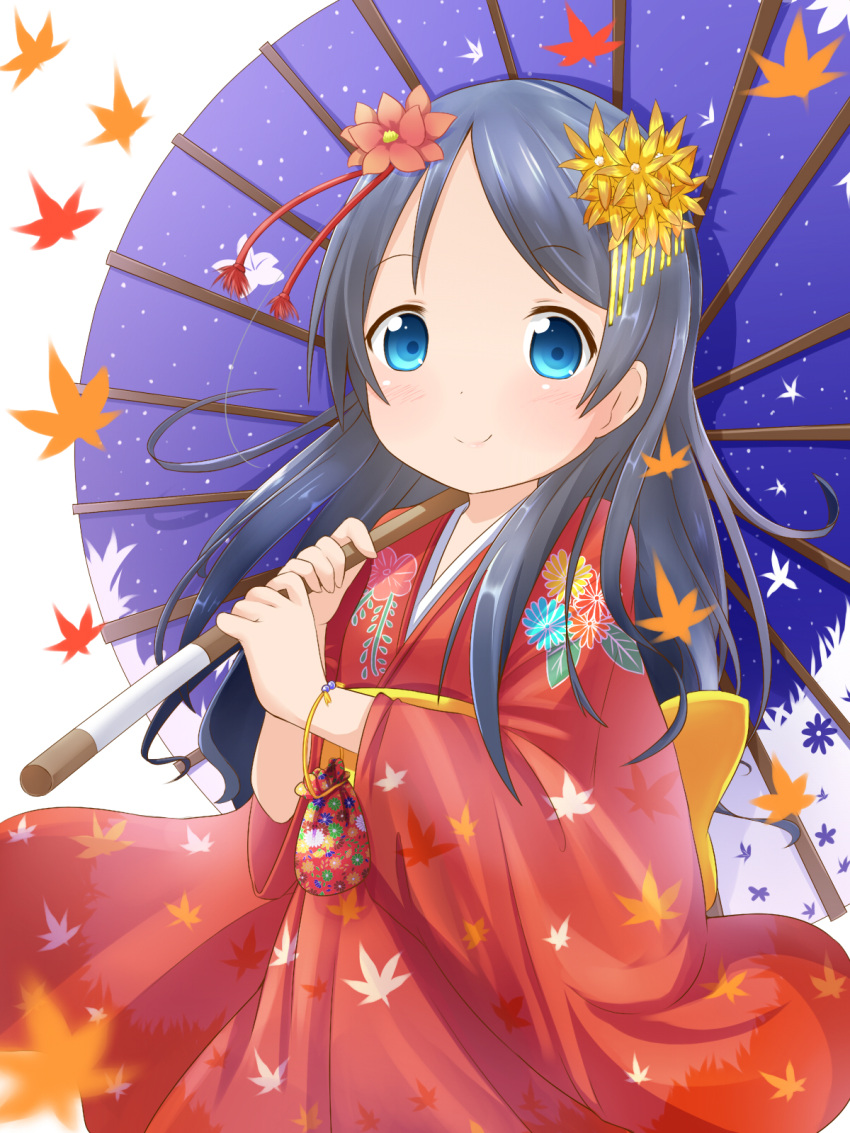 1girl autumn_leaves bag black_hair blue_eyes child female floral_print hair_flower hair_ornament highres japanese_clothes kimono long_hair long_sleeves makuran obi oriental_umbrella original red_flower sash smile solo umbrella wide_sleeves yellow_flower