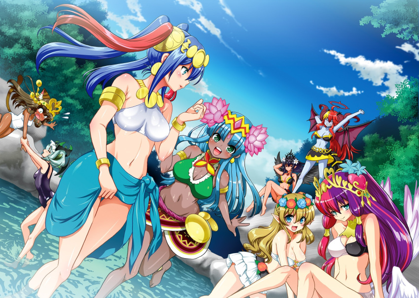 6+girls animal_ears anklet arms_up ascot astaroth_(p&amp;d) barefoot bastet_(p&amp;d) black_hair blonde_hair blue_eyes blue_hair bracelet breasts cat_ears cat_tail chaos_venus_(p&amp;d) cleavage dark_skin dutch_angle freyja_(p&amp;d) green_eyes green_hair hair_tubes head_wings headdress hera_(p&amp;d) highres horns jewelry lakshmi_(p&amp;d) large_breasts long_hair multicolored_hair multiple_girls navel one-piece_swimsuit open_mouth parvati_(p&amp;d) persephone_(p&amp;d) pink_hair pointy_ears purple_hair puzzle_&amp;_dragons redhead sarong short_hair smile swimsuit tail twintails uran_(uran-factory) venus_(p&amp;d) wading water white_swimsuit wings