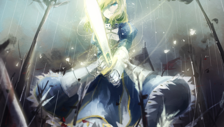 1girl ahoge armor armored_dress blonde_hair domik dress excalibur fate/stay_night fate_(series) glowing glowing_sword glowing_weapon highres saber solo sword weapon