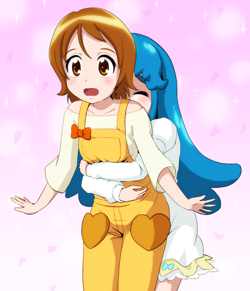 2girls bare_shoulders blue_hair brown_hair closed_eyes dress happinesscharge_precure! highres hug hug_from_behind itommy long_hair multiple_girls oomori_yuuko open_mouth precure shirayuki_hime short_hair white_dress