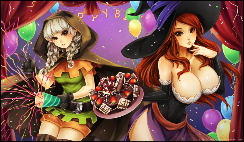 2girls balloon bare_shoulders belt braid breasts brown_eyes cake cape curtains detached_sleeves dragon's_crown elf elf_(dragon's_crown) finger_to_mouth food fruit gloves grey_hair happy_birthday hat huge_breasts long_hair looking_at_viewer multiple_girls omocha-san parted_lips party_popper pointy_ears redhead sash side_slit small_breasts sorceress_(dragon's_crown) strawberry thigh-highs twin_braids v watermark web_address witch_hat