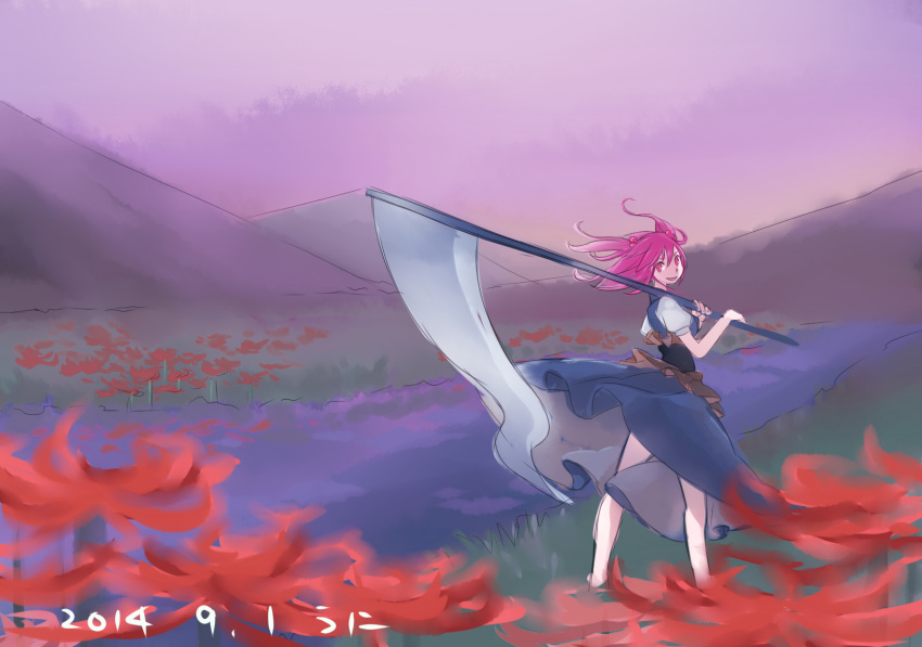 1girl bare_legs barefoot belt carrying dated flower from_behind hair_bobbles hair_ornament highres layered_dress looking_at_viewer looking_back mountain namauni onozuka_komachi open_mouth outdoors puffy_short_sleeves puffy_sleeves red_eyes redhead river scythe short_hair short_sleeves shoulder_carry sketch solo spider_lily standing touhou twintails water