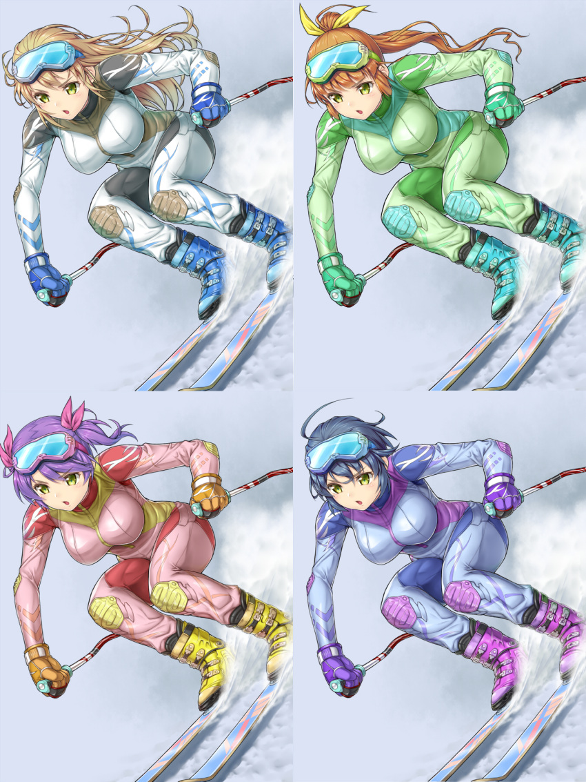 4girls black_hair bodysuit boots breasts brown_hair chestnut_mouth furrowed_eyebrows goggles hair_ribbon highres hisho_collection komase_(jkp423) light_brown_hair multiple_girls open_mouth purple_hair ribbon ski_gear ski_goggles skiing
