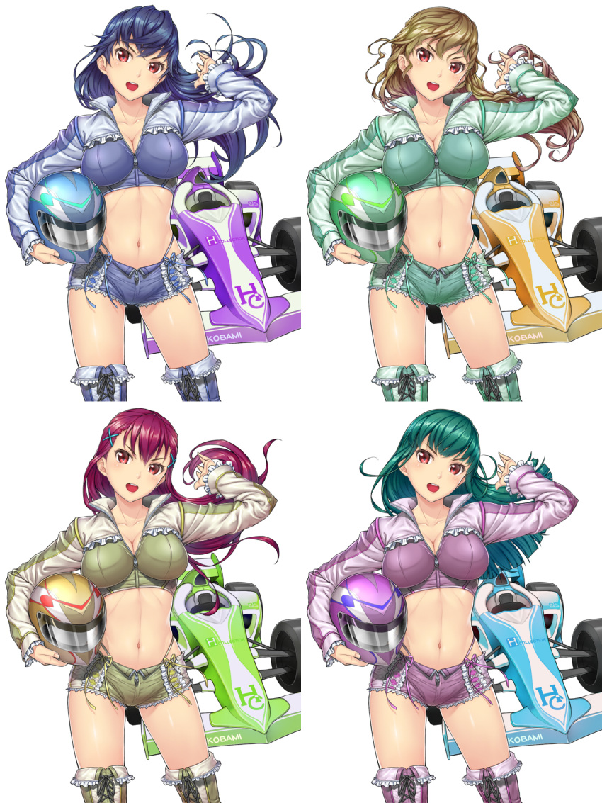 &gt;:d 4girls :d blue_hair boots breasts brown_hair cleavage collarbone cropped_jacket frills green_hair helmet highres hisho_collection holding_helmet komase_(jkp423) long_hair midriff multiple_girls navel open_mouth racecar red_eyes redhead ribbon short_shorts shorts simple_background smile thigh-highs thigh_boots white_background zipper