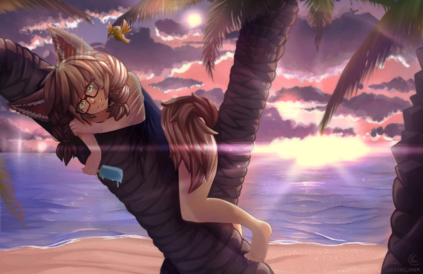 1girl animal_ears barefoot beach braid brown_hair elin_(tera) glasses green_eyes in_tree long_hair looking_at_viewer lucky_clover_(luckyxclover) lying ocean one-piece_swimsuit palm_tree popsicle solo swimsuit tail tera_online tree twin_braids